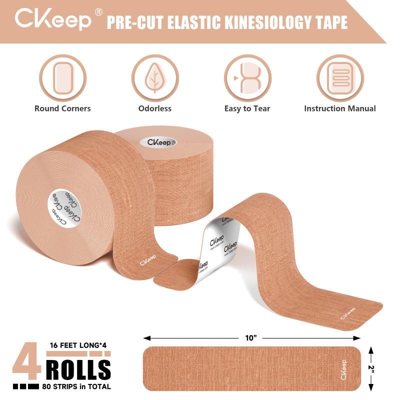 CKeep 4 Rolls Kinesiology Tape, Original Cotton Elastic Athletic Tape, 20 Precut 10" Strips Each, Beige, Ideal for Muscle Support & Injury Prevention - Image 2