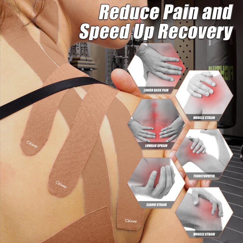 CKeep 4 Rolls Kinesiology Tape, Original Cotton Elastic Athletic Tape, 20 Precut 10" Strips Each, Beige, Ideal for Muscle Support & Injury Prevention - Image 5