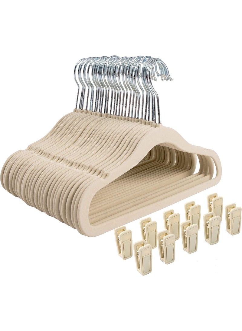 Finnhomy Non-Slip Clothes Hanger for Baby and Kids 30-Pack Velvet Hangers with 10 Finger Clips,Beige - Image 1