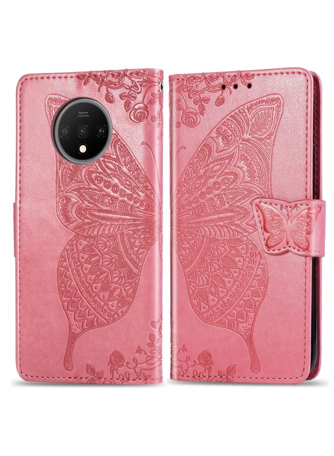 اس-توب جراب لهاتف One Plus 7T من الجلد المنقوش بنقشة زهور الحب على شكل فراشة مع حامل وحبل وفتحة للبطاقات - Image 2