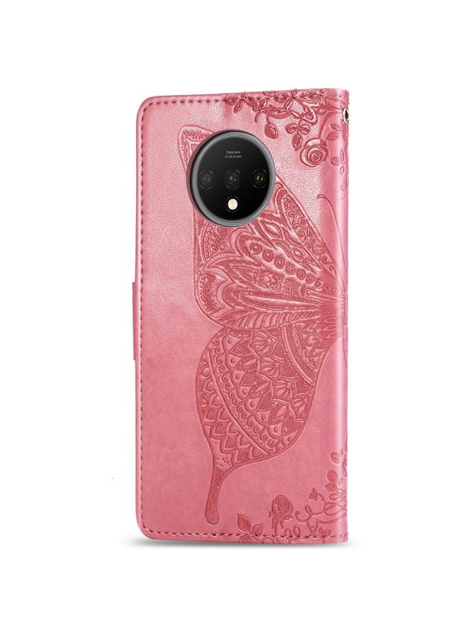 اس-توب جراب لهاتف One Plus 7T من الجلد المنقوش بنقشة زهور الحب على شكل فراشة مع حامل وحبل وفتحة للبطاقات - Image 4