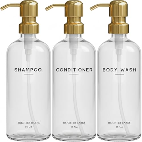 Brighter Barns Luxury Shampoo and Conditioner Dispenser Set by Brighter Barns - Shampoo Conditioner Body Wash Dispenser - Refillable Plastic Shower Bottles for Gold Bathroom Decor, Airbnb, Spa, Hotel (Clear/Gold) - Image 1