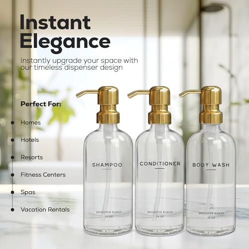 Brighter Barns Luxury Shampoo and Conditioner Dispenser Set by Brighter Barns - Shampoo Conditioner Body Wash Dispenser - Refillable Plastic Shower Bottles for Gold Bathroom Decor, Airbnb, Spa, Hotel (Clear/Gold) - Image 2