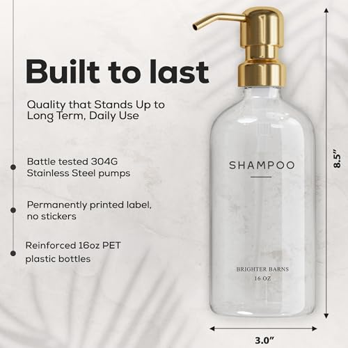 Brighter Barns Luxury Shampoo and Conditioner Dispenser Set by Brighter Barns - Shampoo Conditioner Body Wash Dispenser - Refillable Plastic Shower Bottles for Gold Bathroom Decor, Airbnb, Spa, Hotel (Clear/Gold) - Image 3