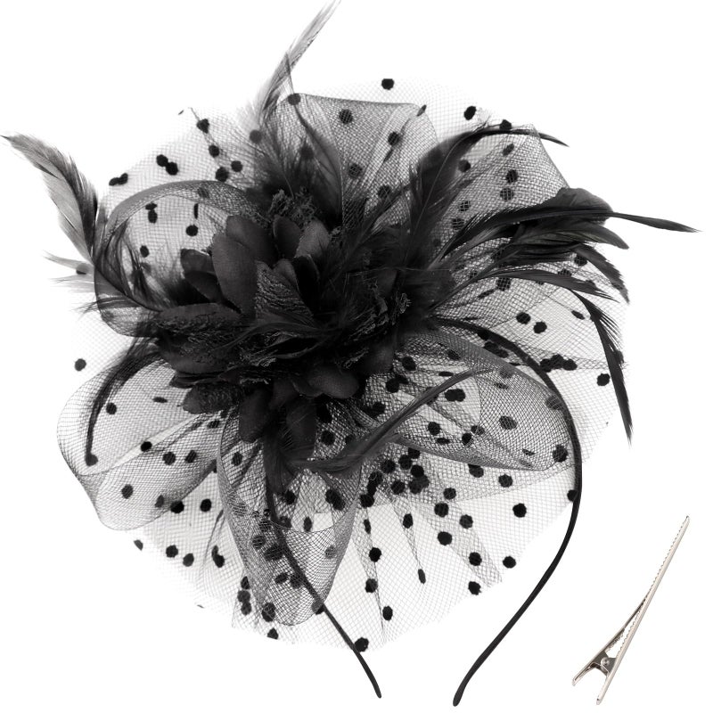 DRESHOW Fascinators Hat Feather Headband Women's Fascinators Tea Party Headwear with Clip Derby Hat for Girls & Women - Image 1