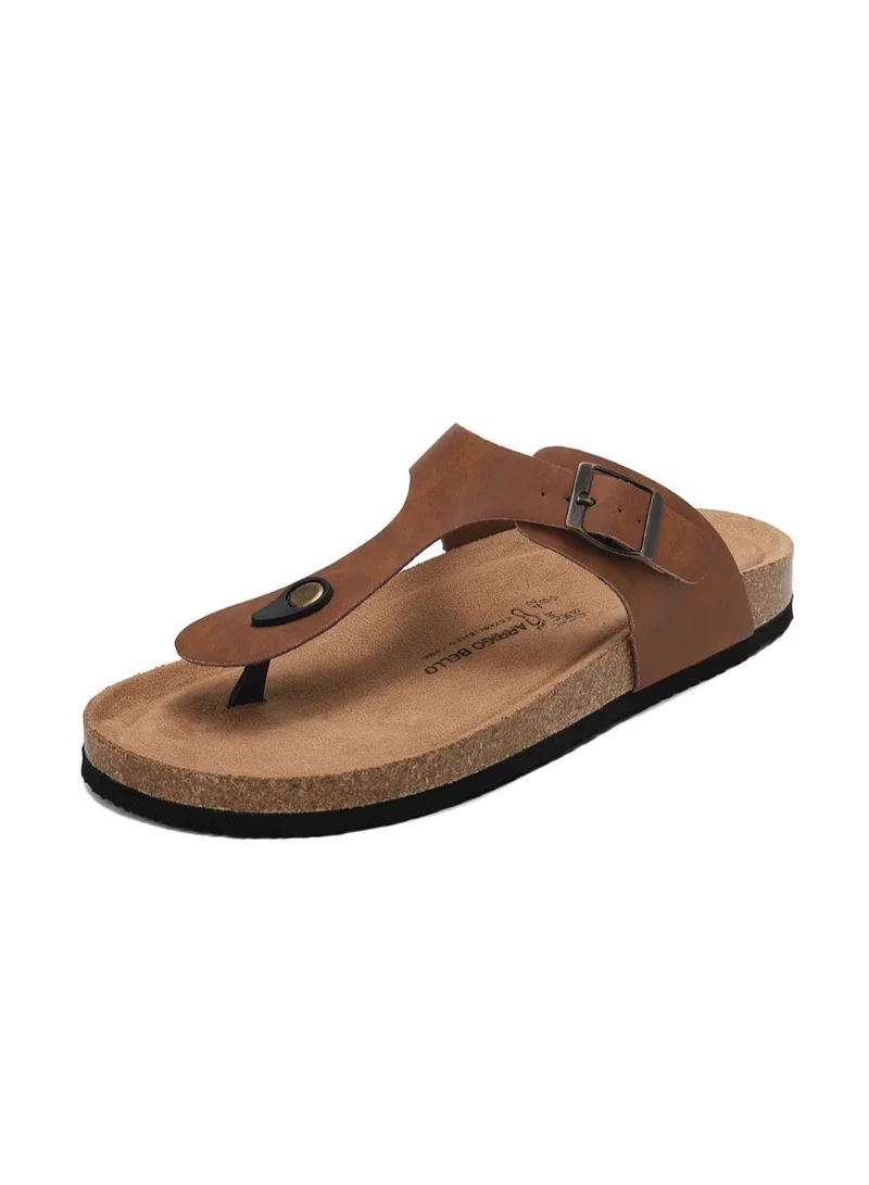 ARRIGO BELLO Unisex Leather Thong Flip Flops Cork Footbed Flat Sandals with Memory Foam Arch Support