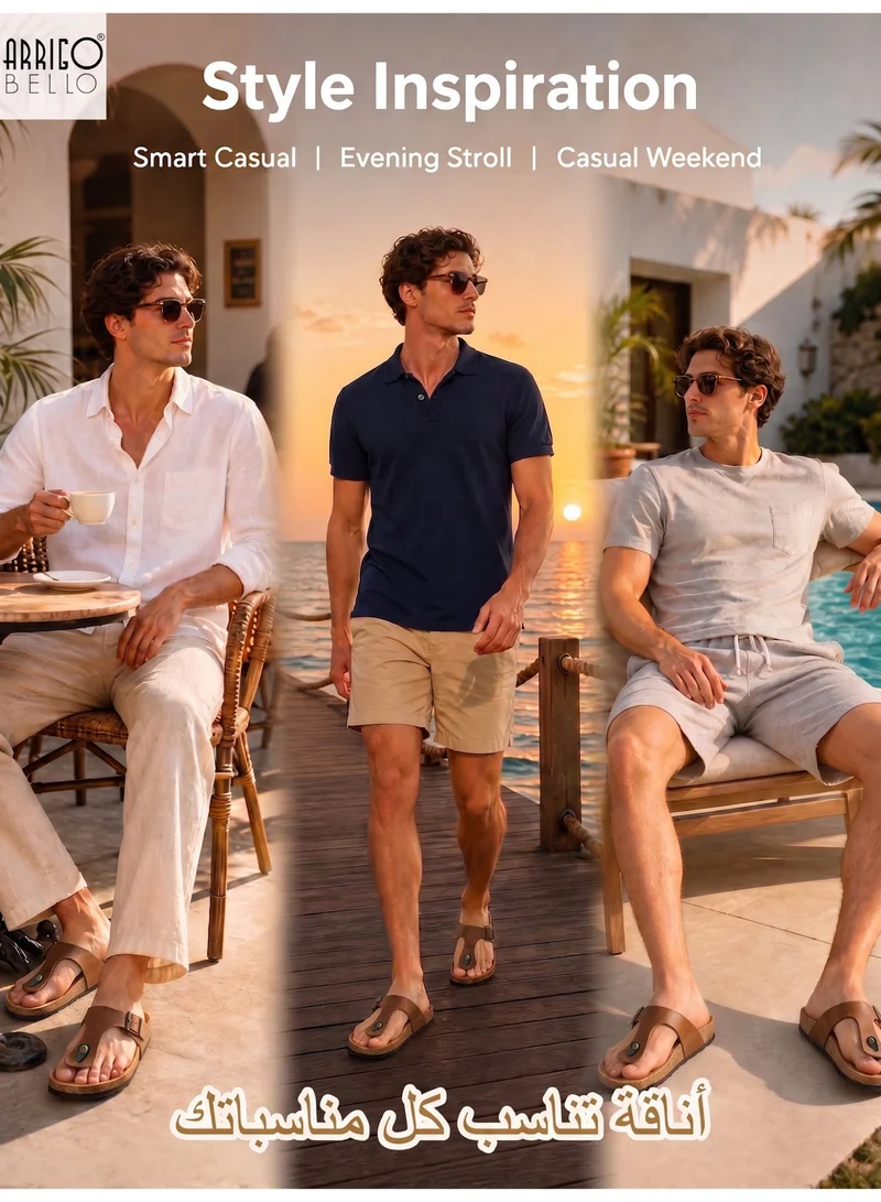 ARRIGO BELLO ABT5113-3 ARRIGO BELLO Unisex Leather Thong Flip Flops Cork Footbed Flat Sandals with Memory Foam Arch Support for Men | Best Price UAE