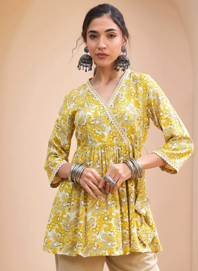 SASSAFRAS Floral Printed V-Neck Gotta Patti Kurti for Women