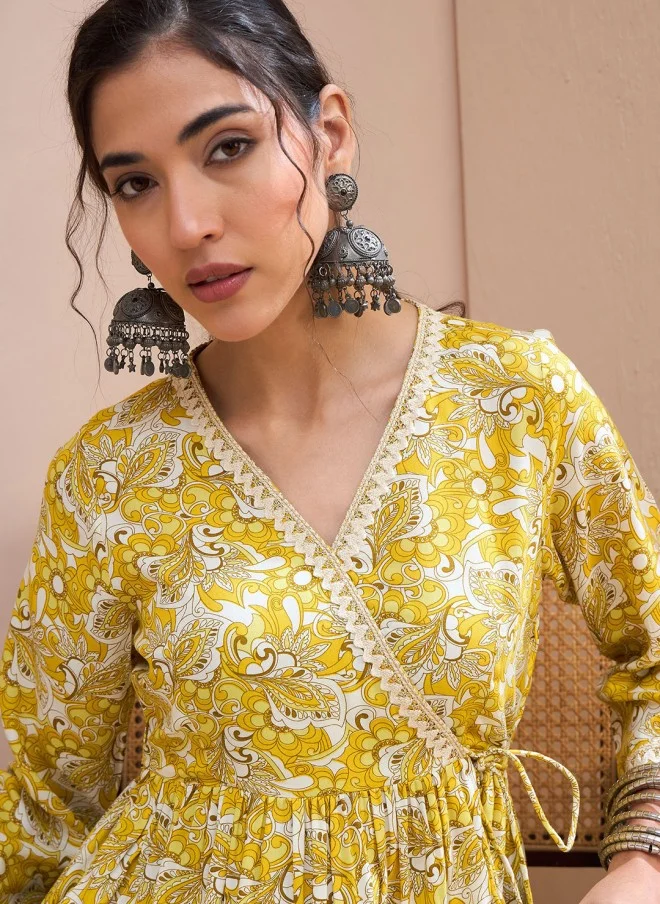 SASSAFRAS Floral Printed V-Neck Gotta Patti Kurti for Women