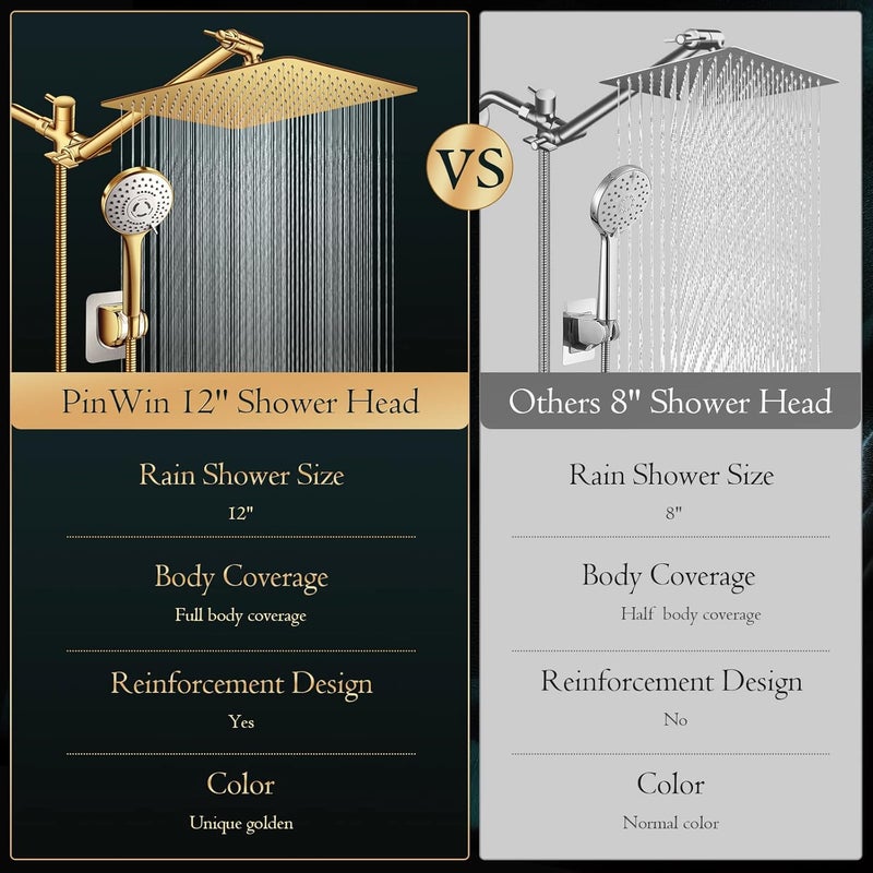 PinWin Shower Head,12'' Rain Shower Head with 11'' Adjustable Extension Arm and 5 Settings High Pressure Handheld Shower Head Combo,Powerful Shower Spray Against Low Pressure Water-Brushed Gold - Image 2