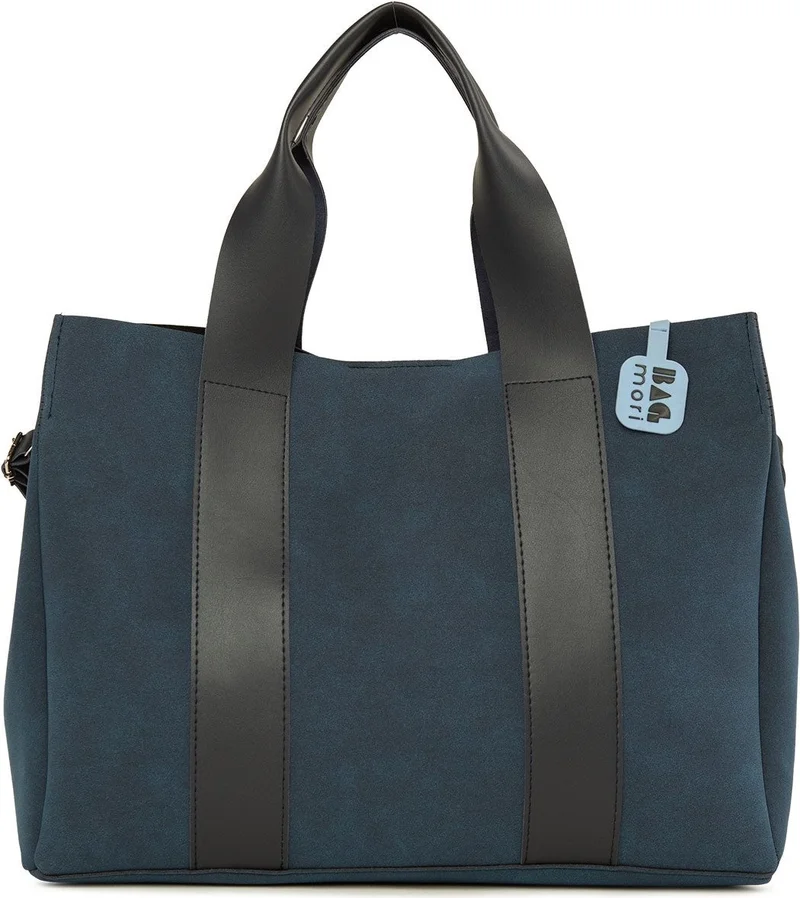 Bagmori Navy Blue Large Nubuck Tote Bag with Double Leather Strips