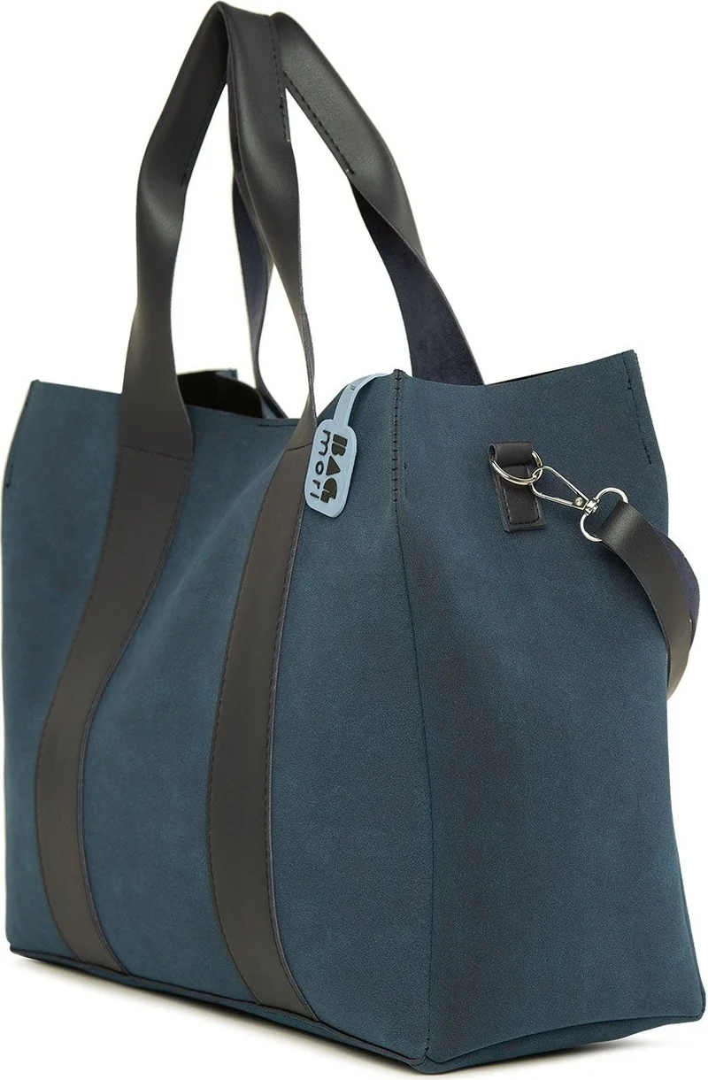 Bagmori Navy Blue Large Nubuck Tote Bag with Double Leather Strips