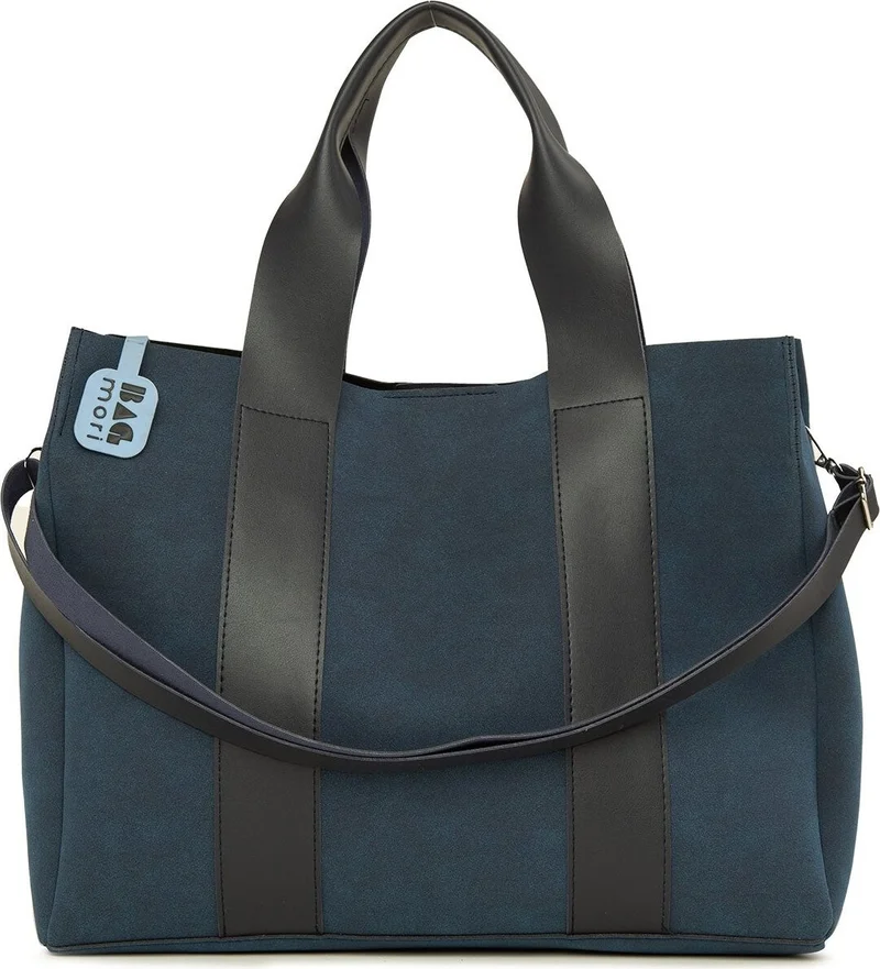Bagmori Navy Blue Large Nubuck Tote Bag with Double Leather Strips