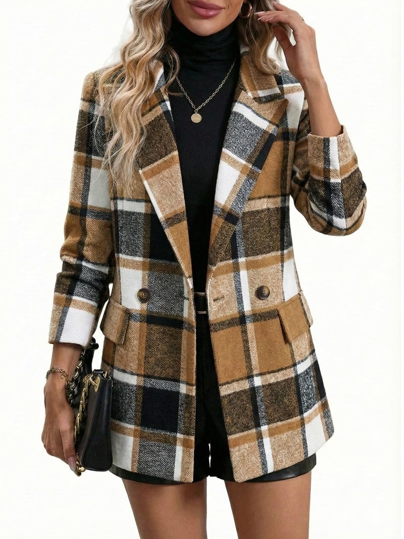 Mina Self Flannel Blazer Jacket For Women Plaid 2026 Spring Winter Oversized Khaki Brown Long Tweed Business Casual Dressy Work Professional Boyfriend Womens Blazers Women's Fashion Woman Suit Jackets - Image 2