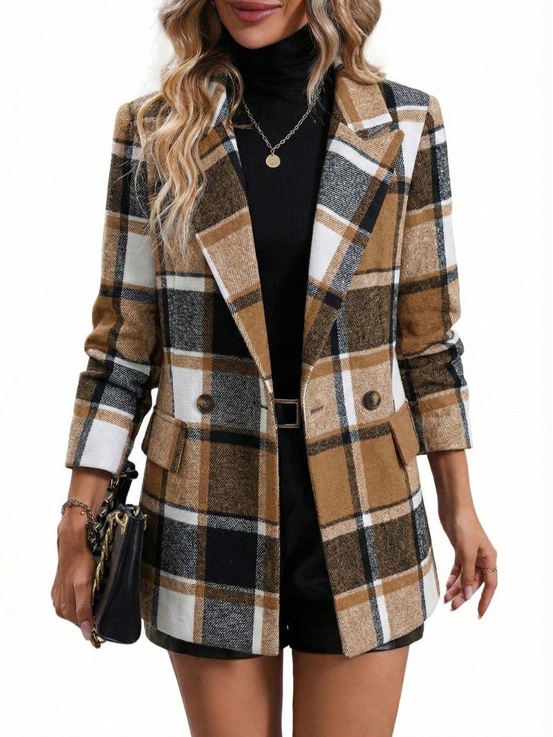 Mina Self Flannel Blazer Jacket For Women Plaid 2026 Spring Winter Oversized Khaki Brown Long Tweed Business Casual Dressy Work Professional Boyfriend Womens Blazers Women's Fashion Woman Suit Jackets - Image 1