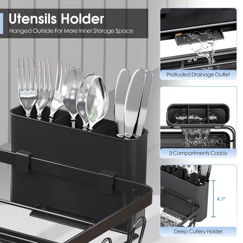 Urackify Compact Dish Drainer for Kitchen Counter - Expandable Large Capacity Drying Rack with Removable Cutlery Holder, Anti-Rust Plate Rack, Non-Slip Feet - Image 4