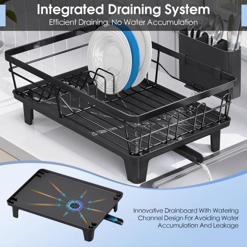 Urackify Compact Dish Drainer for Kitchen Counter - Expandable Large Capacity Drying Rack with Removable Cutlery Holder, Anti-Rust Plate Rack, Non-Slip Feet - Image 3
