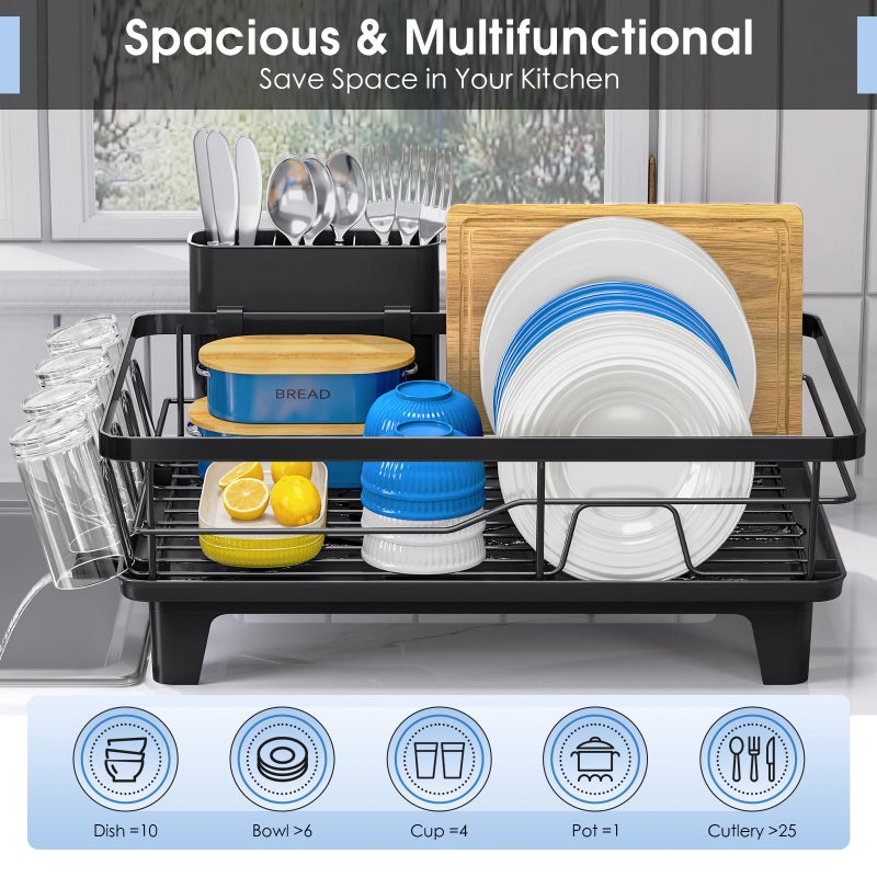 Urackify Compact Dish Drainer for Kitchen Counter - Expandable Large Capacity Drying Rack with Removable Cutlery Holder, Anti-Rust Plate Rack, Non-Slip Feet - Image 2