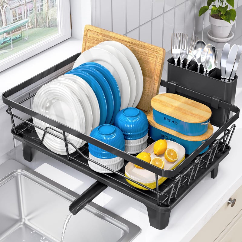 Urackify Compact Dish Drainer for Kitchen Counter - Expandable Large Capacity Drying Rack with Removable Cutlery Holder, Anti-Rust Plate Rack, Non-Slip Feet - Image 1