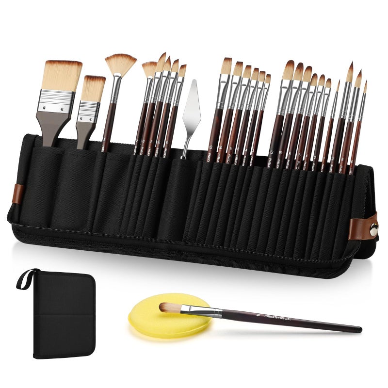 REDSHELL 26pcs Paint Brush Set, Travel Watercolor Acrylic Paint Brushes with Flat, Filbert, Fan, Dagger, Cat Tongue, Round, Palette Knife, Professional Paintbrush Kit for Artist, Oil, Face Painting - Image 1
