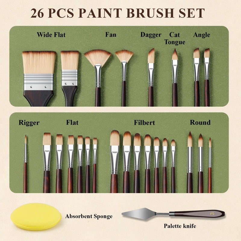REDSHELL 26pcs Paint Brush Set, Travel Watercolor Acrylic Paint Brushes with Flat, Filbert, Fan, Dagger, Cat Tongue, Round, Palette Knife, Professional Paintbrush Kit for Artist, Oil, Face Painting - Image 2