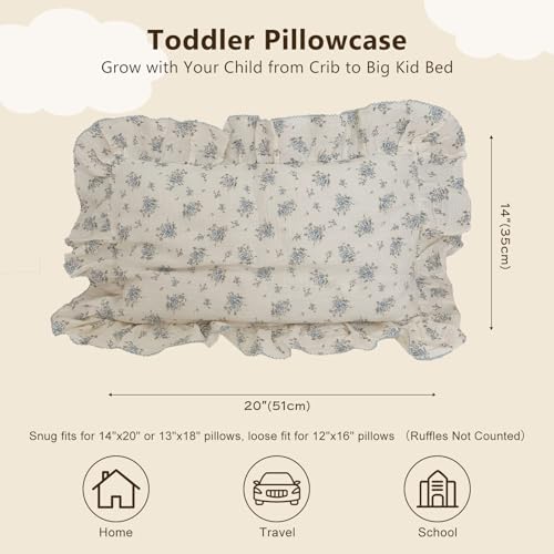 BuLuTu Cotton Muslin Toddler Pillowcases with Blue Flowers Print Soft Breathable Gauze Small Pillow Case for Toddler Boys Girls Nursery Decor Shower Gift 14x20 1 pc - Image 3
