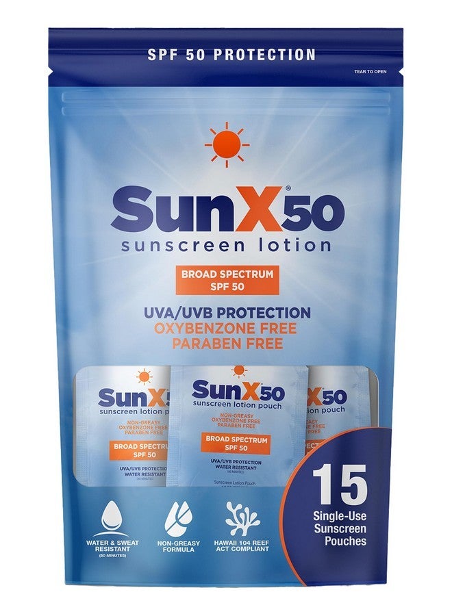 coretex CoreTex Sun X 50 SPF Broad Spectrum Sunscreen Packets with Resealable Travel Bag - Pack of 15 Paraben, Oxybenzone, Octinoxate, & Oil Free Sunscreen - Water & Sweat Resistant Up to 80 Minutes  - Image 1