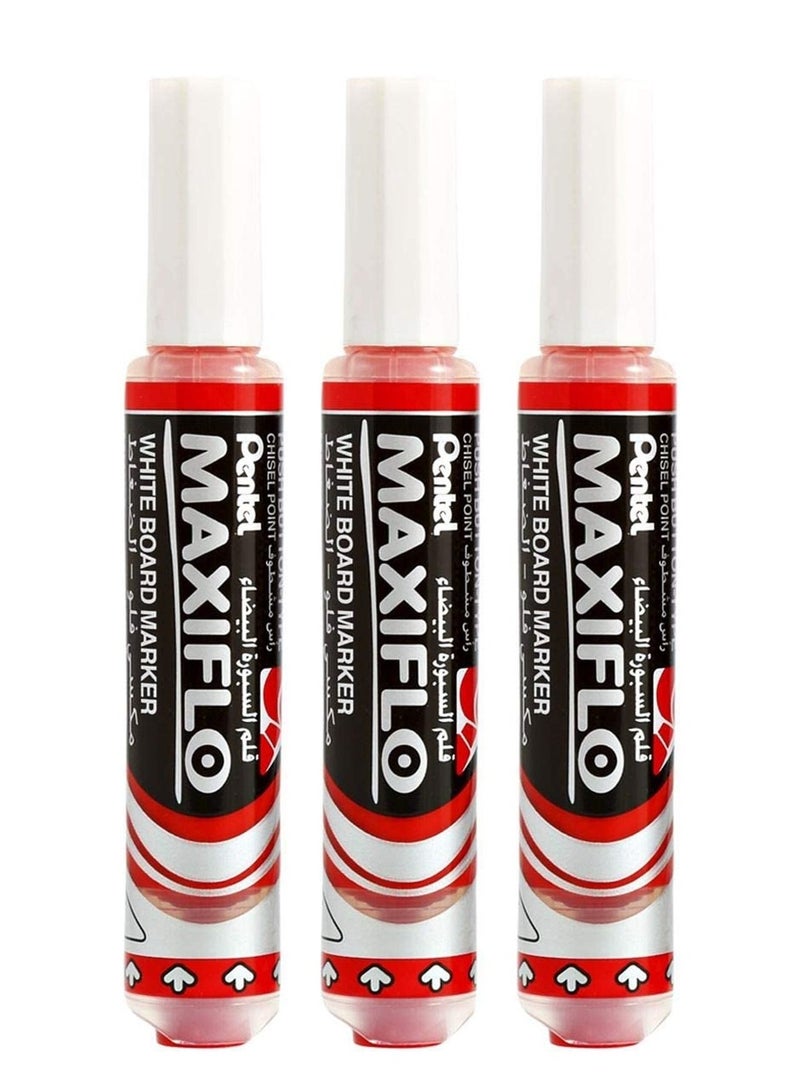 Pentel علامة سبورة ماكسي فلو بيضاء 3 قطع طرف مائل حبر أحمر - Image 1