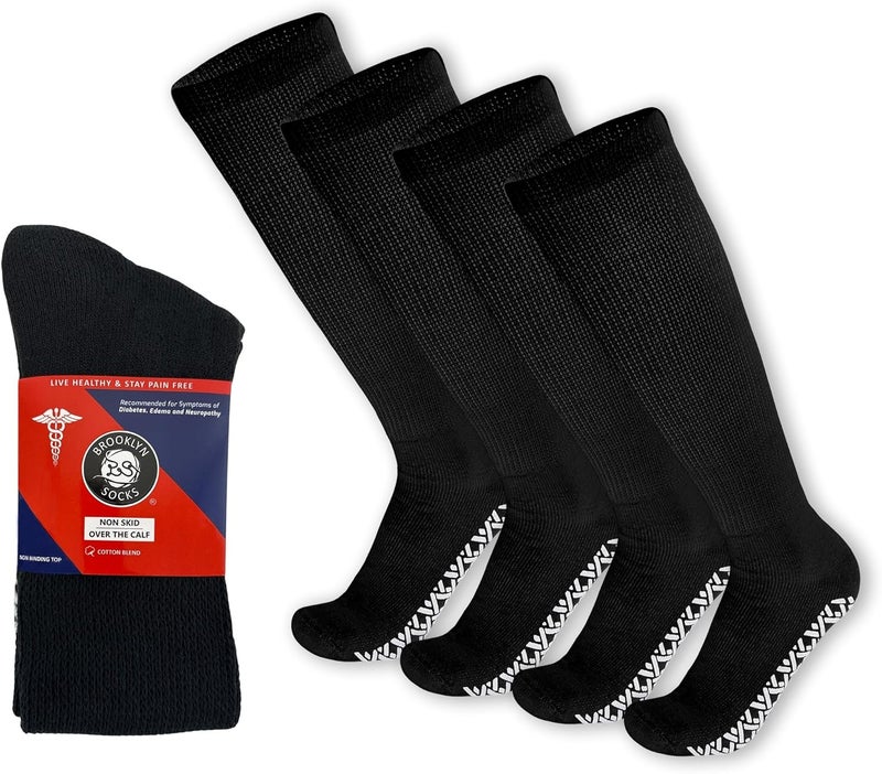 Brooklyn Socks 4 Pairs of NonSkid OverTheCalf Diabetic Cotton Socks with Non Binding Top Black Fits US Mens Shoe size 912 - Image 1