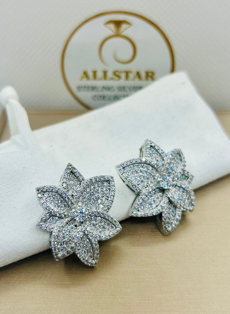 Sterling Silver Flower Design Stud Earrings with Zircon Stone – Elegant and Dazzling Jewelry for Women - Image 1