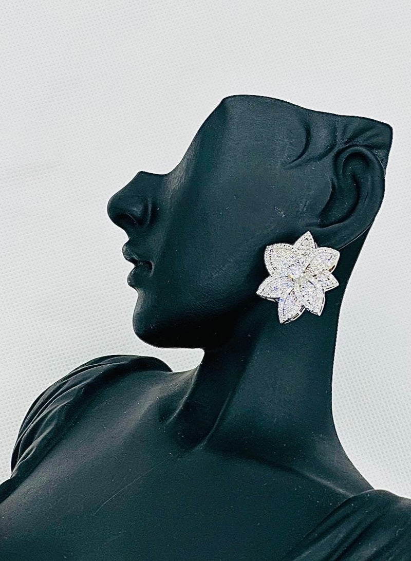 Sterling Silver Flower Design Stud Earrings with Zircon Stone – Elegant and Dazzling Jewelry for Women - Image 2