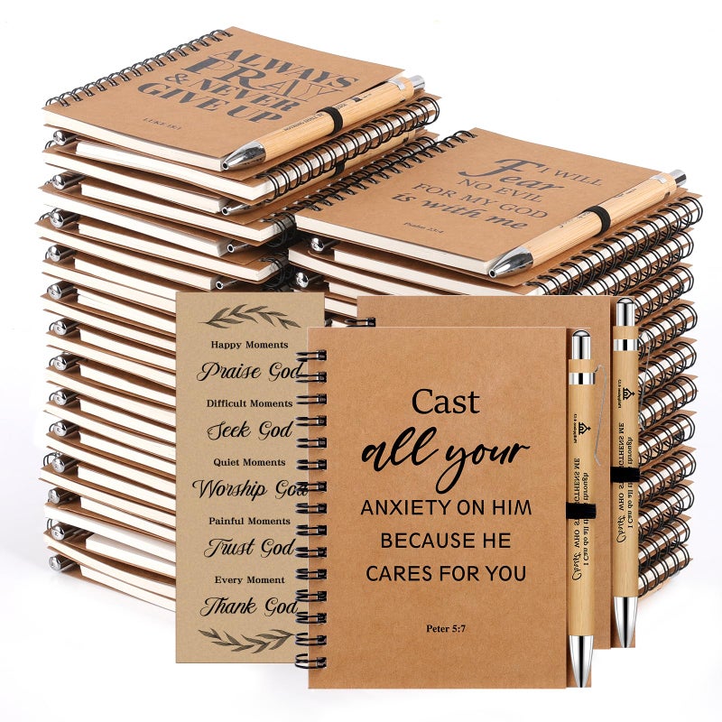 NEOACT 150 Pcs/50 Set Christian Gifts Bulk,Spiral Notebook with Bible Ballpoint Pen and Christian Bookmark,Prayer Journal Christmas Gifts for Staffs Coworkers Teachers Church Members & Pastor - Image 1