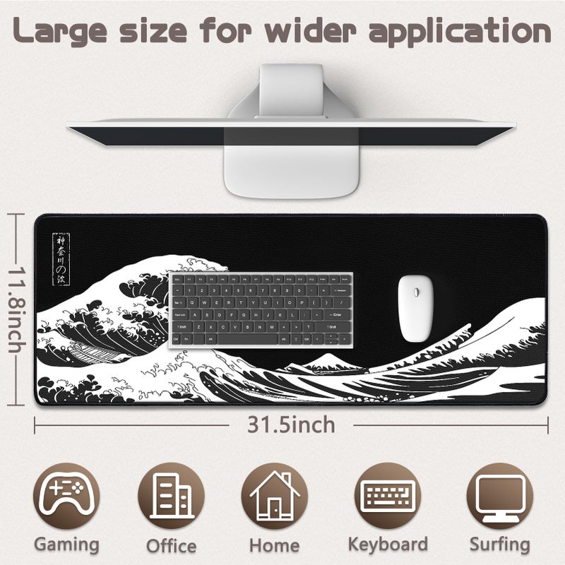 Yuhijoy Mouse Pad Gaming - Desk Mat for Keyboard and Mouse - Kanagawa Large Mouse Pad for Desk, Japanese Sea Wave Mousepad (31.5 x 11.8inch) with Non-Slip Base, Desks Pad Mat for Game, Office and Home - Image 5