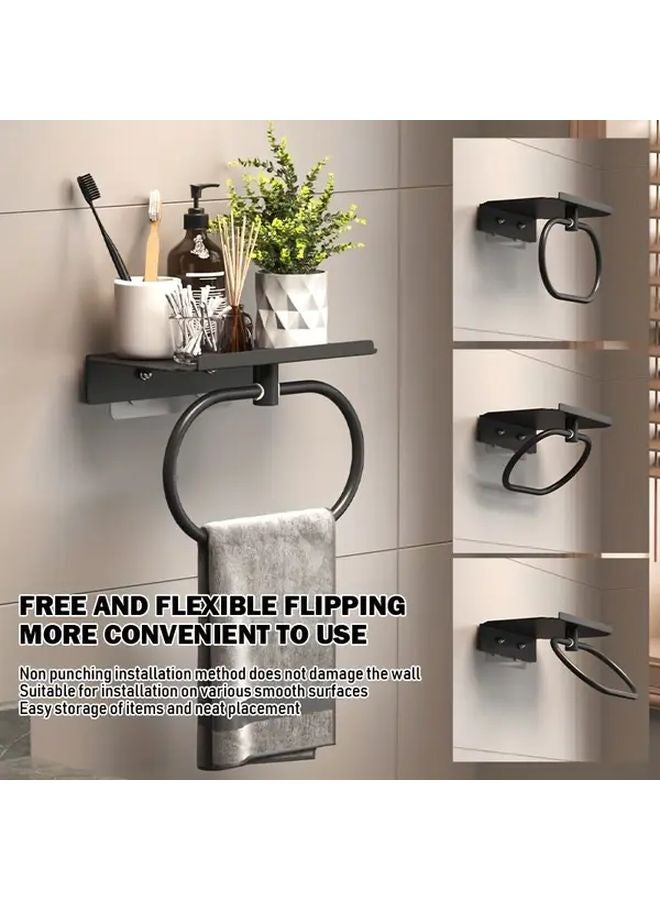Black Wall Mounted Oval Towel Holder with Storage Plate and Towel Ring - Image 2