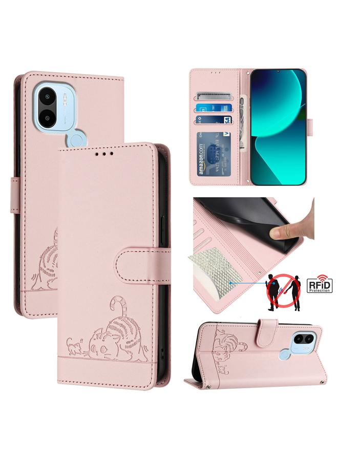 Case For Xiaomi Redmi A2+ / POCO C51 Cat Rat Embossed Pattern RFID Leather Phone Case with Lanyard