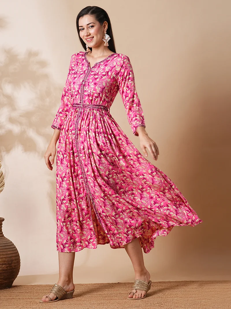 globus Women Tie Dyed Embroidered A Line Midi Ethnic Dress With Belt