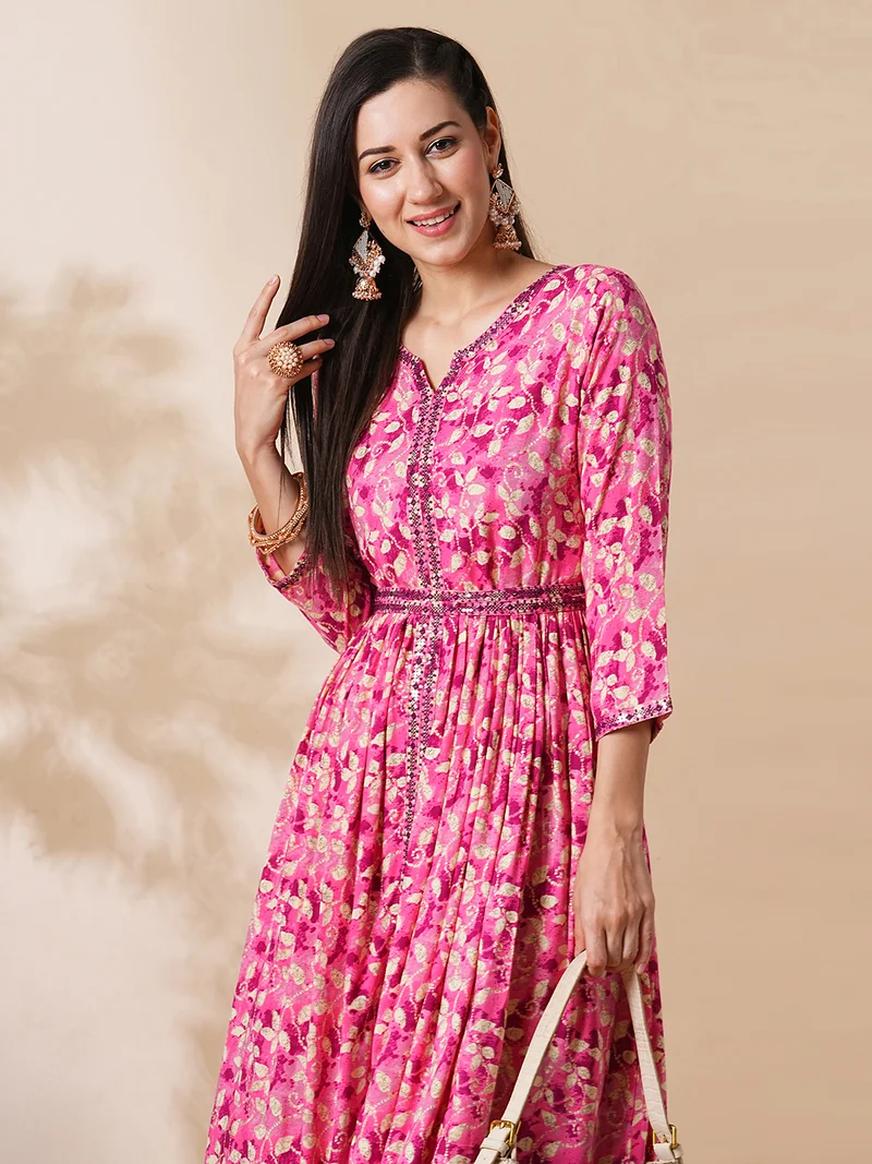 globus Women Tie Dyed Embroidered A Line Midi Ethnic Dress With Belt