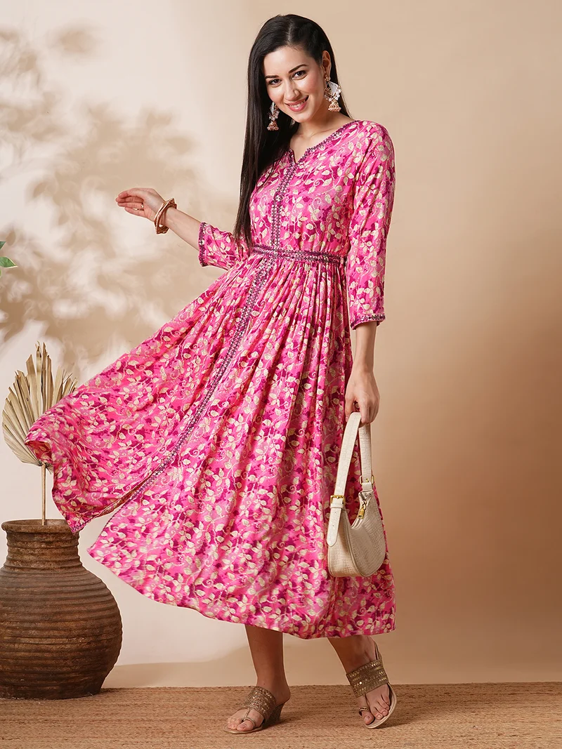 globus Women Tie Dyed Embroidered A Line Midi Ethnic Dress With Belt