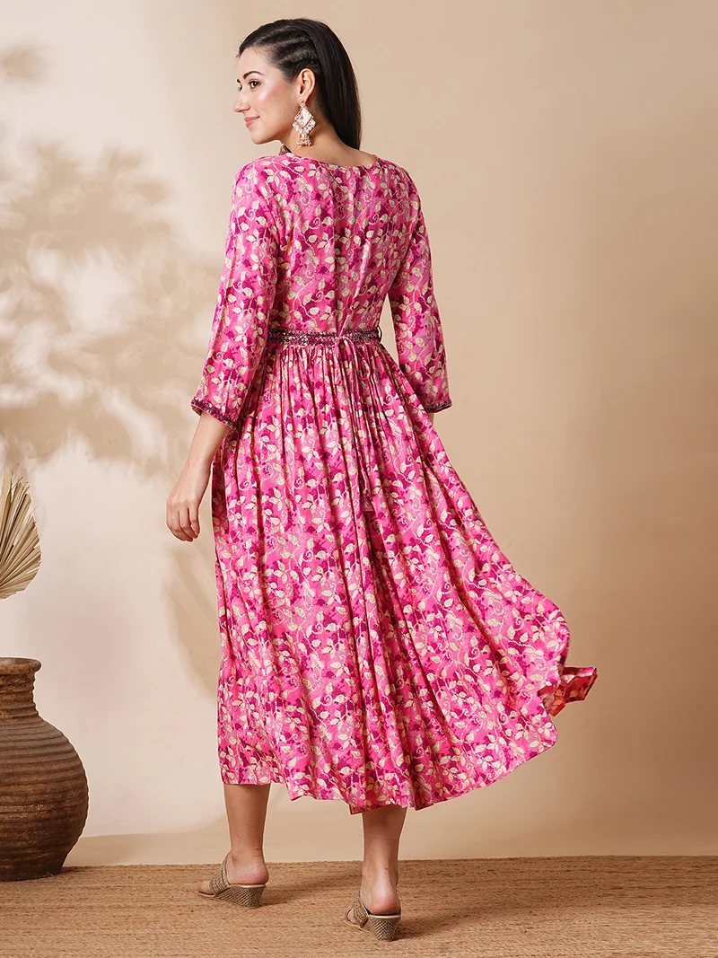 globus Women Tie Dyed Embroidered A Line Midi Ethnic Dress With Belt