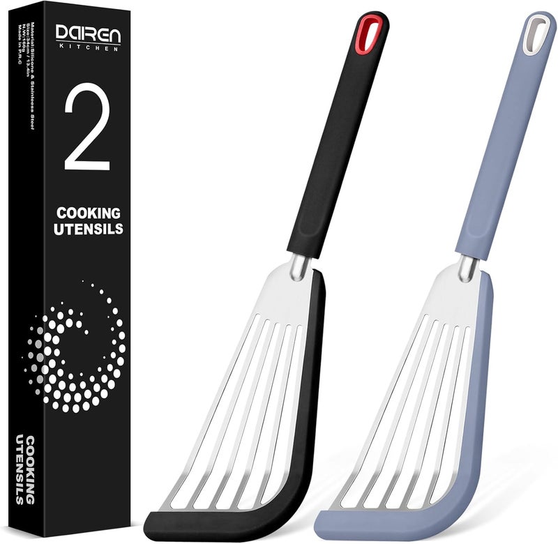 DaiRen Kitchen Silicone Fish Spatula Turner Set of 2, Thin Slotted Spatulas Turner for Nonstick Cookware,Heat Resistant Flexible Stainless Steel Kitchen Cooking Spatula Flipper for Fish, Egg, Pancake (BG) - Image 1