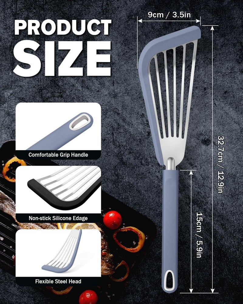 DaiRen Kitchen Silicone Fish Spatula Turner Set of 2, Thin Slotted Spatulas Turner for Nonstick Cookware,Heat Resistant Flexible Stainless Steel Kitchen Cooking Spatula Flipper for Fish, Egg, Pancake (BG) - Image 3