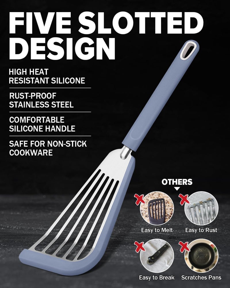 DaiRen Kitchen Silicone Fish Spatula Turner Set of 2, Thin Slotted Spatulas Turner for Nonstick Cookware,Heat Resistant Flexible Stainless Steel Kitchen Cooking Spatula Flipper for Fish, Egg, Pancake (BG) - Image 2