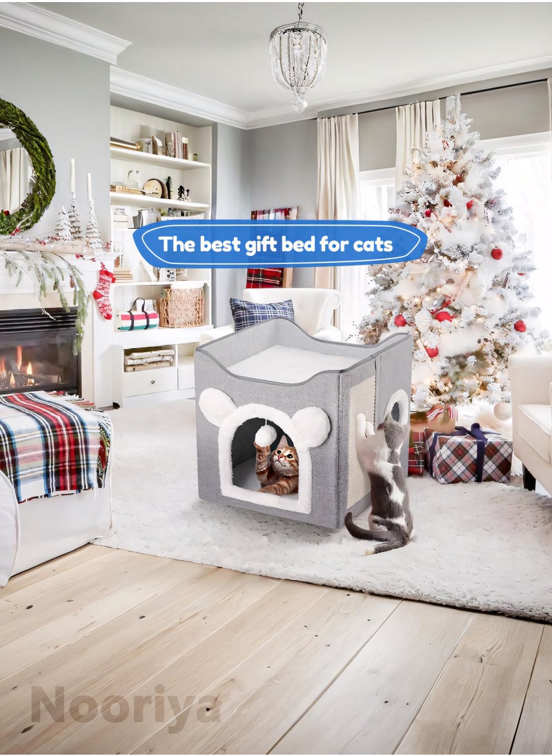 Nooriya - Cat Beds for Indoor Cats - Multifunctional Cube Cat House with Cat Scratch Board & Fluffy Ball Large Foldable Cat Bed, 40x40x39cm - Image 1