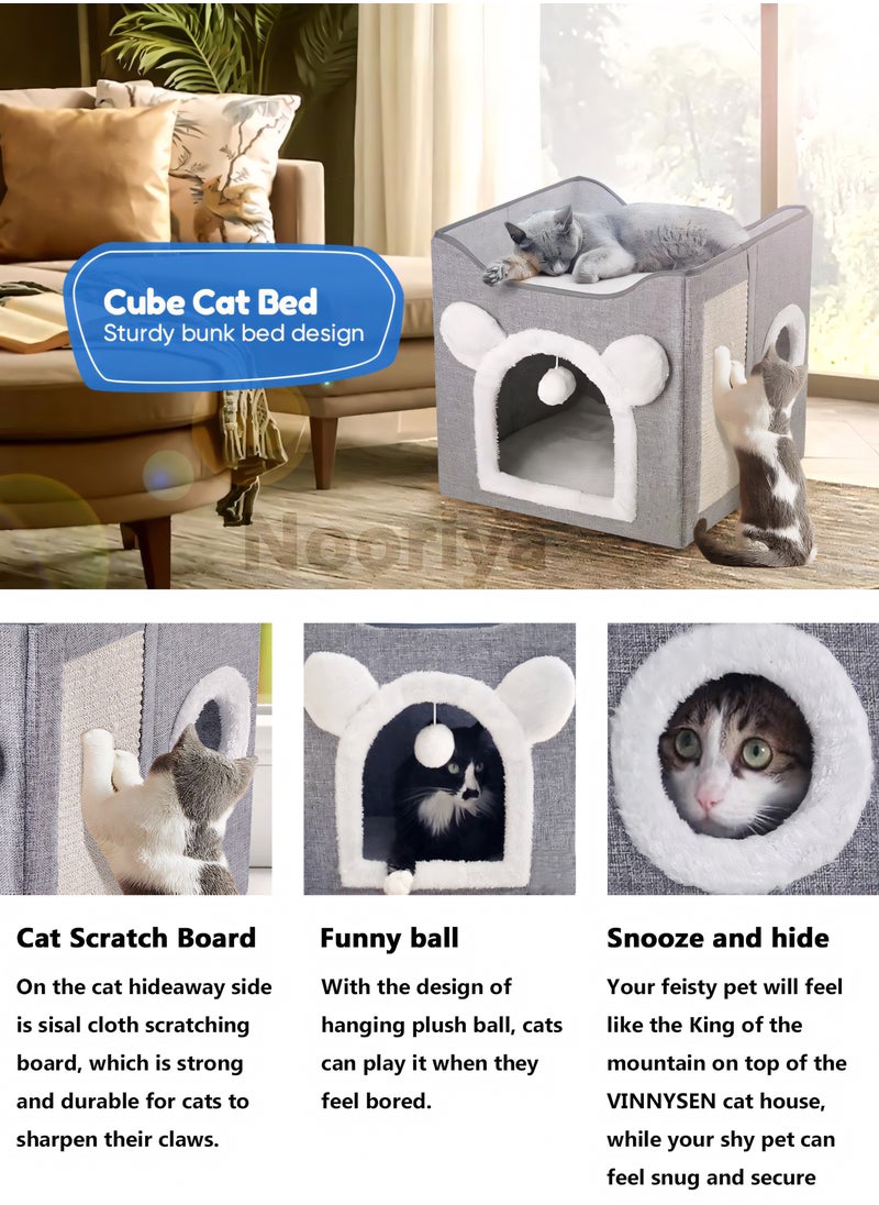 Nooriya Cat Beds for Indoor Cats - Multifunctional Cube Cat House with Cat Scratch Board & Fluffy Ball Large Foldable Cat Bed, 40x40x39cm  - Image 3