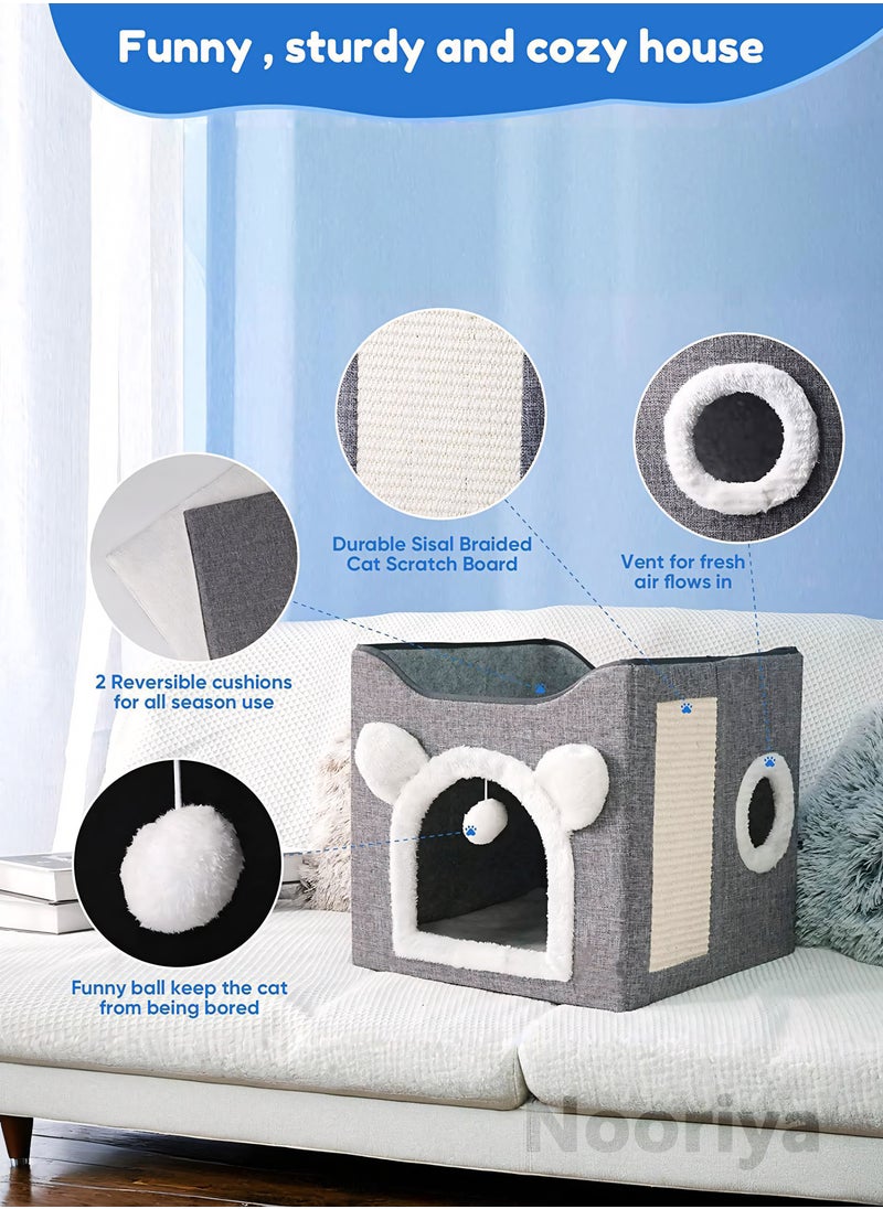 Nooriya Cat Beds for Indoor Cats - Multifunctional Cube Cat House with Cat Scratch Board & Fluffy Ball Large Foldable Cat Bed, 40x40x39cm  - Image 2