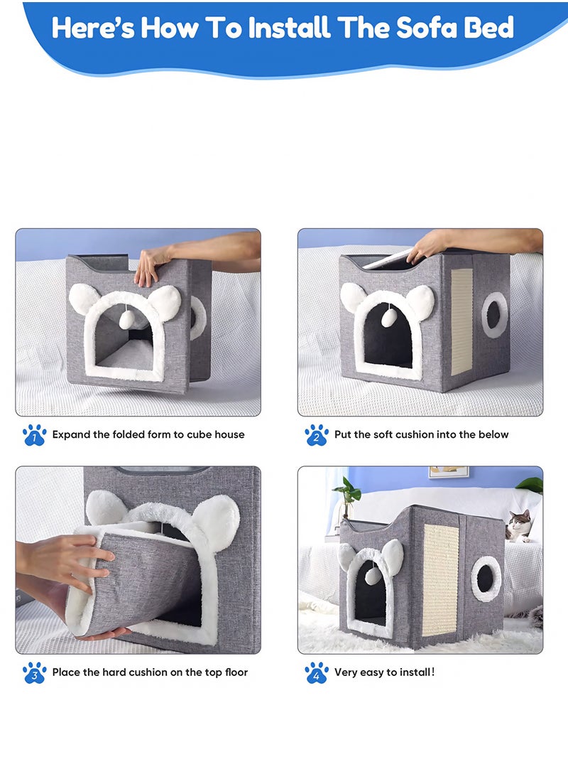Nooriya - Cat Beds for Indoor Cats - Multifunctional Cube Cat House with Cat Scratch Board & Fluffy Ball Large Foldable Cat Bed, 40x40x39cm - Image 1