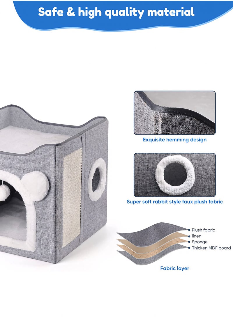 Nooriya Cat Beds for Indoor Cats - Multifunctional Cube Cat House with Cat Scratch Board & Fluffy Ball Large Foldable Cat Bed, 40x40x39cm  - Image 4