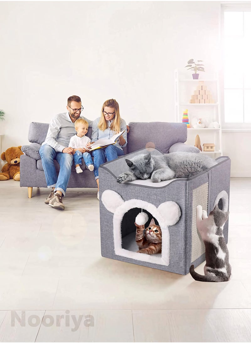Nooriya - Cat Beds for Indoor Cats - Multifunctional Cube Cat House with Cat Scratch Board & Fluffy Ball Large Foldable Cat Bed, 40x40x39cm - Image 1