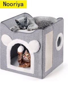 Cat Beds for Indoor Cats - Multifunctional Cube Cat House with Cat Scratch Board & Fluffy Ball Large Foldable Cat Bed, 40x40x39cm