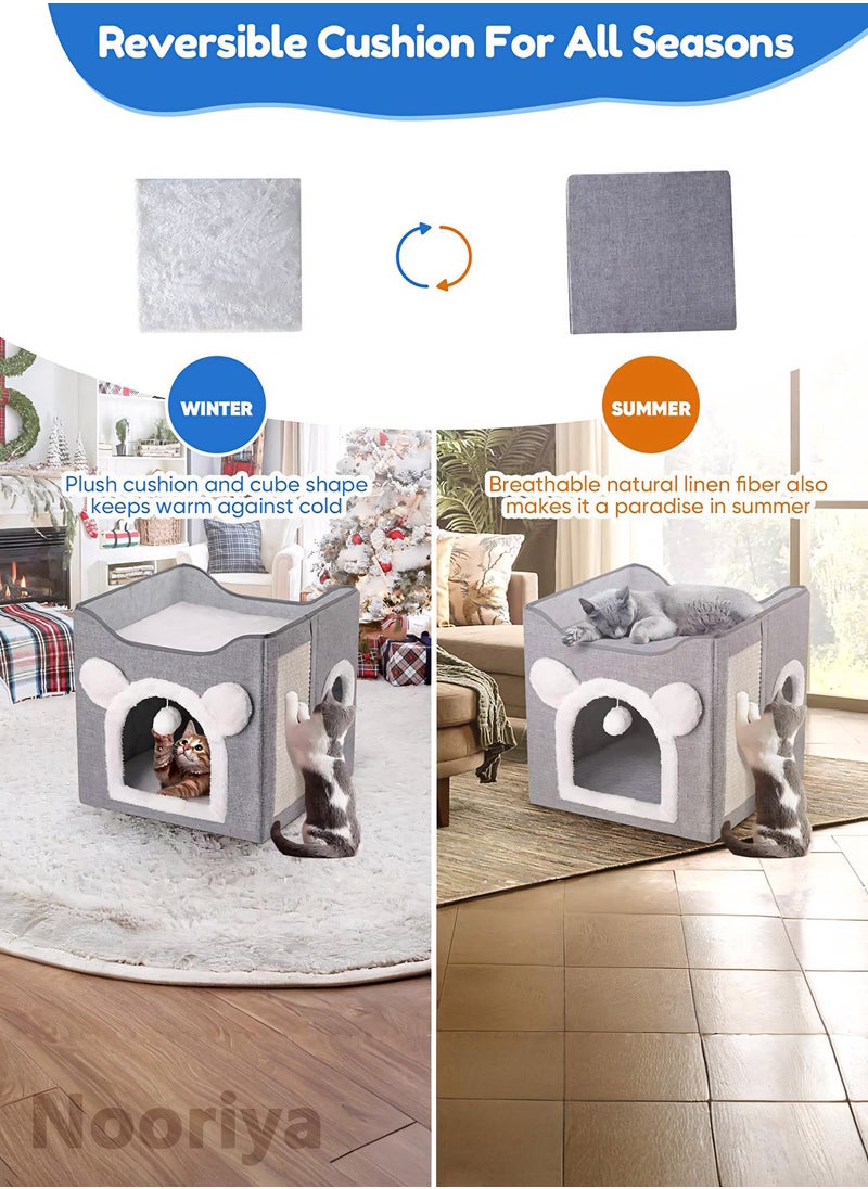 Nooriya - Cat Beds for Indoor Cats - Multifunctional Cube Cat House with Cat Scratch Board & Fluffy Ball Large Foldable Cat Bed, 40x40x39cm - Image 1